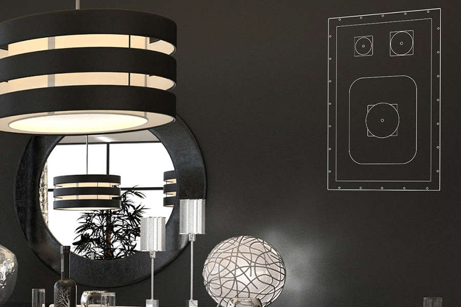 In-wall speaker diagram on a dark wall in a stylish modern interior