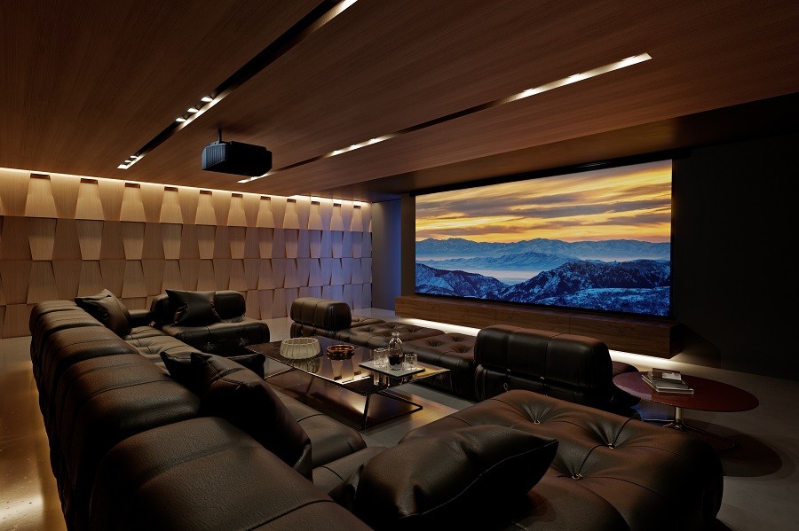 Stunning home theater with evocative lighting, custom seating, and sophisticated decor. 