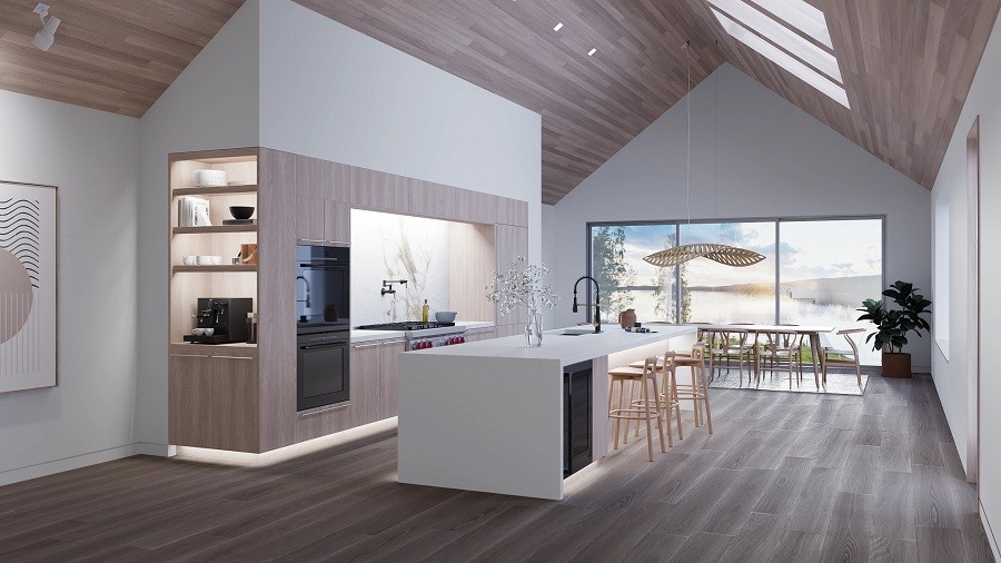 Elegant Kitchen with sophisticated lighting automation and daylight streaming in. 