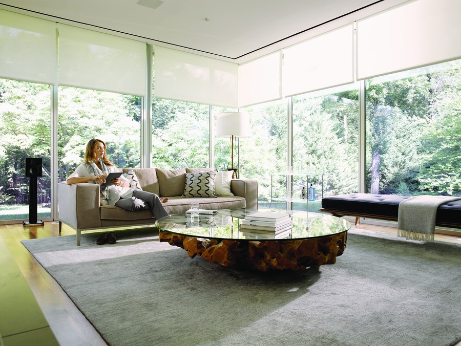 A woman sitting on a couch with a tablet in her hand. The shades are partially drawn over floor-to-ceiling windows.