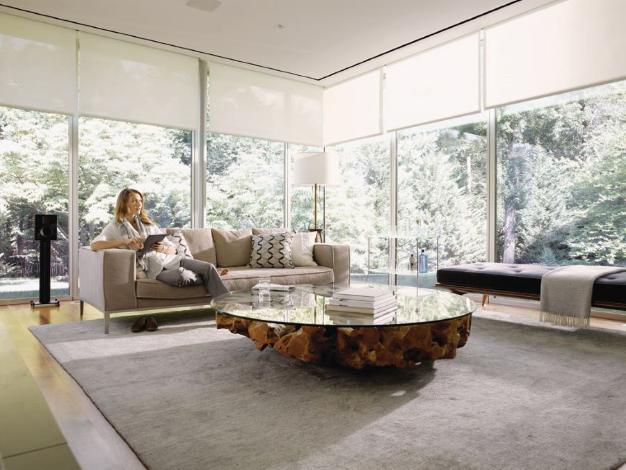 A woman sitting on a couch with a tablet in her hands. Window shades are partially drawn over floor-to-ceiling windows. 