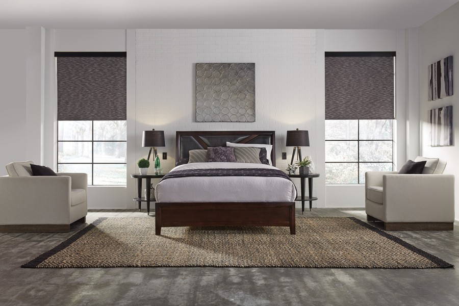 A Vail, CO, luxury bedroom with motorized shades.