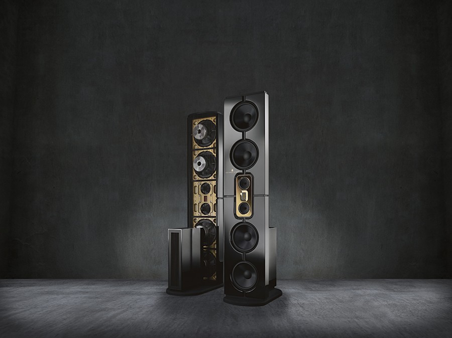 A close-up photo of Steinway Lyngdorf Model D high-end audio speakers. 