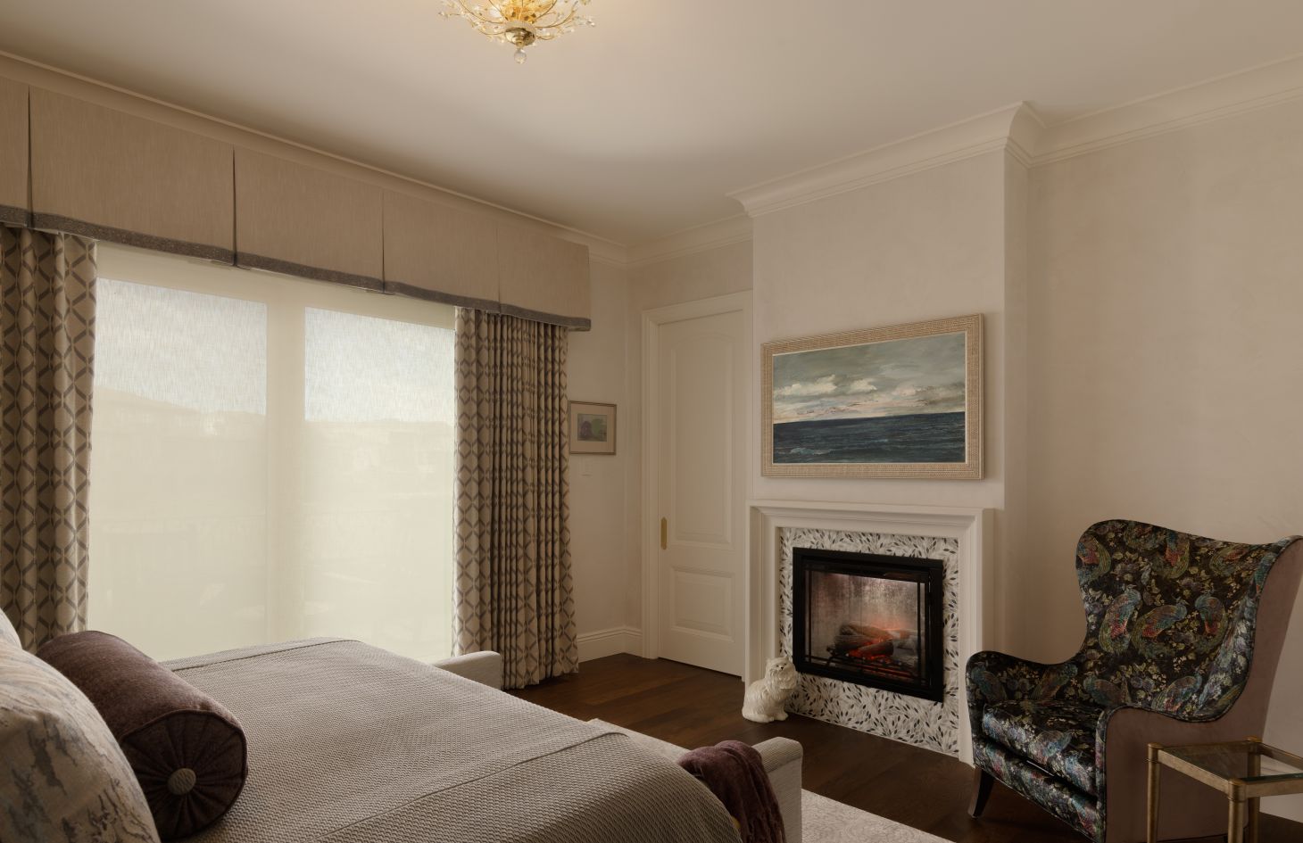 Bedroom with smart home lighting and audio